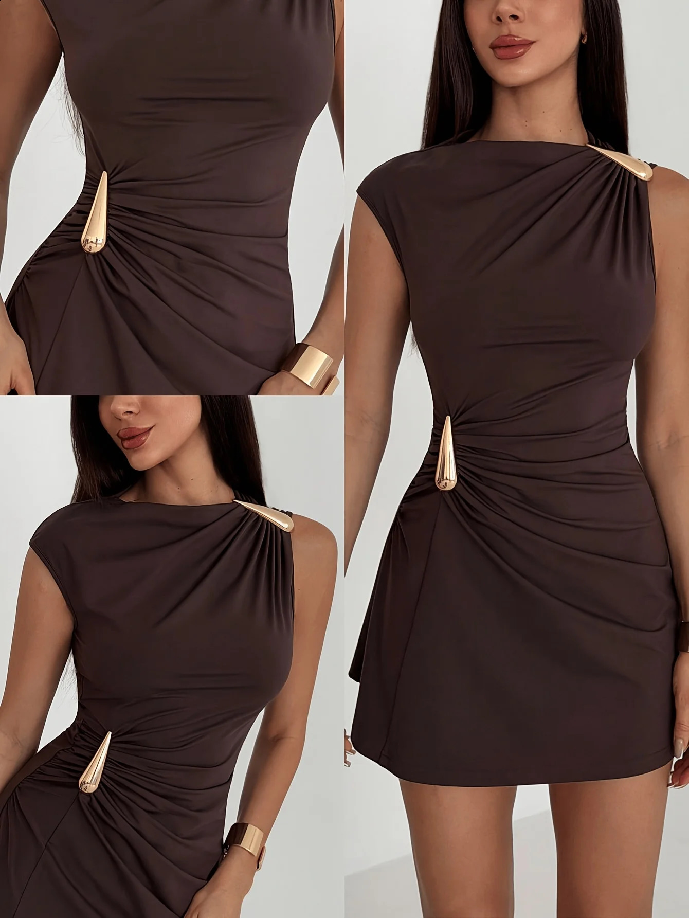 Womens Casual Style Sleeveless Pleated Mini Dress Form-Fitting Knitted Fabric Asymmetric Neck 260527BJ