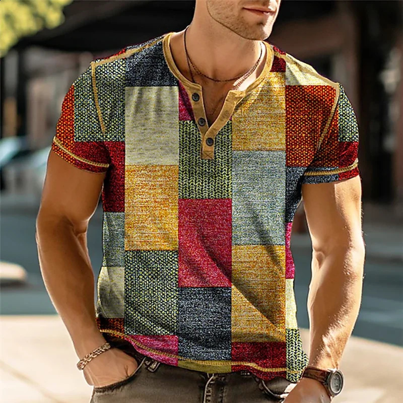 Patchwork Color Block 3D Print Vintage Henley Shirts Mens Fashion Oversized Button-Down Short Sleeve T Shirt Tees Tops Clothing 260601BJ