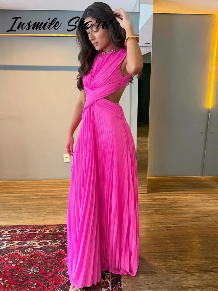 Sexy Hollow Out Long Party Dress Women Pleated Sleeveless Backless A-line Beach Dresses 2026 Summer Lady Chic Solid Holiday Robe 260527BJ