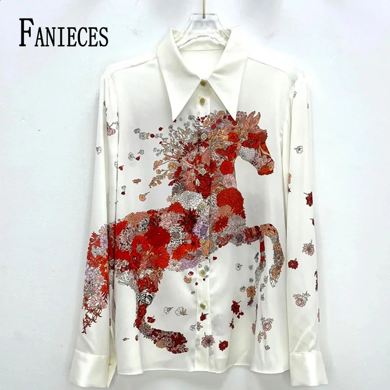FANIECES 4XL Satin White Shirt For Women y Red Horse Print Long Sleeve Blouses Spring Autumn Slim Office Ladies Shirts Tops 260601 aa