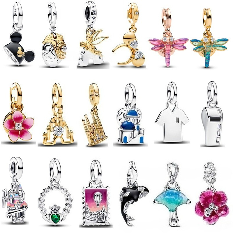 2026 Spring summer dragonfly dolphin castle designer charms pendant for snake chain bangle bracelet necklace silver pink flower jewelry fingdings DI