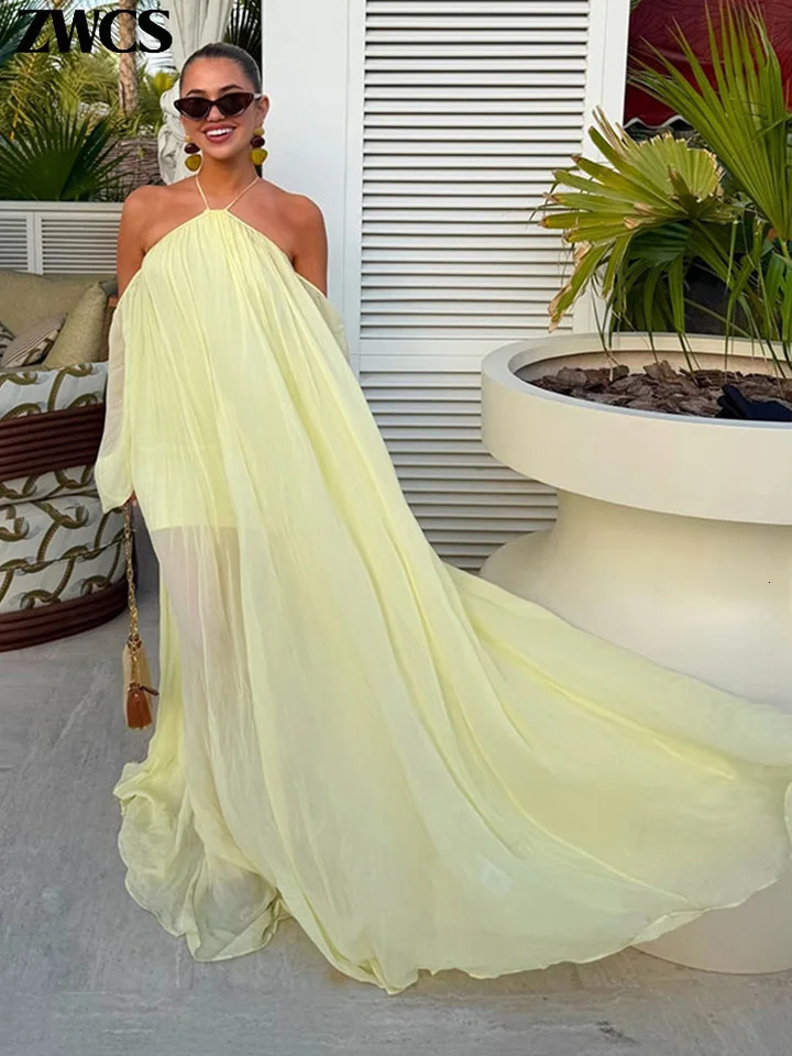 Sexy Halter Backless Party Gowns Womens Yellow Big Hem Off-shoulder Long Dresses 2026 Spring Ladies Loose Beach Robes 260602bj