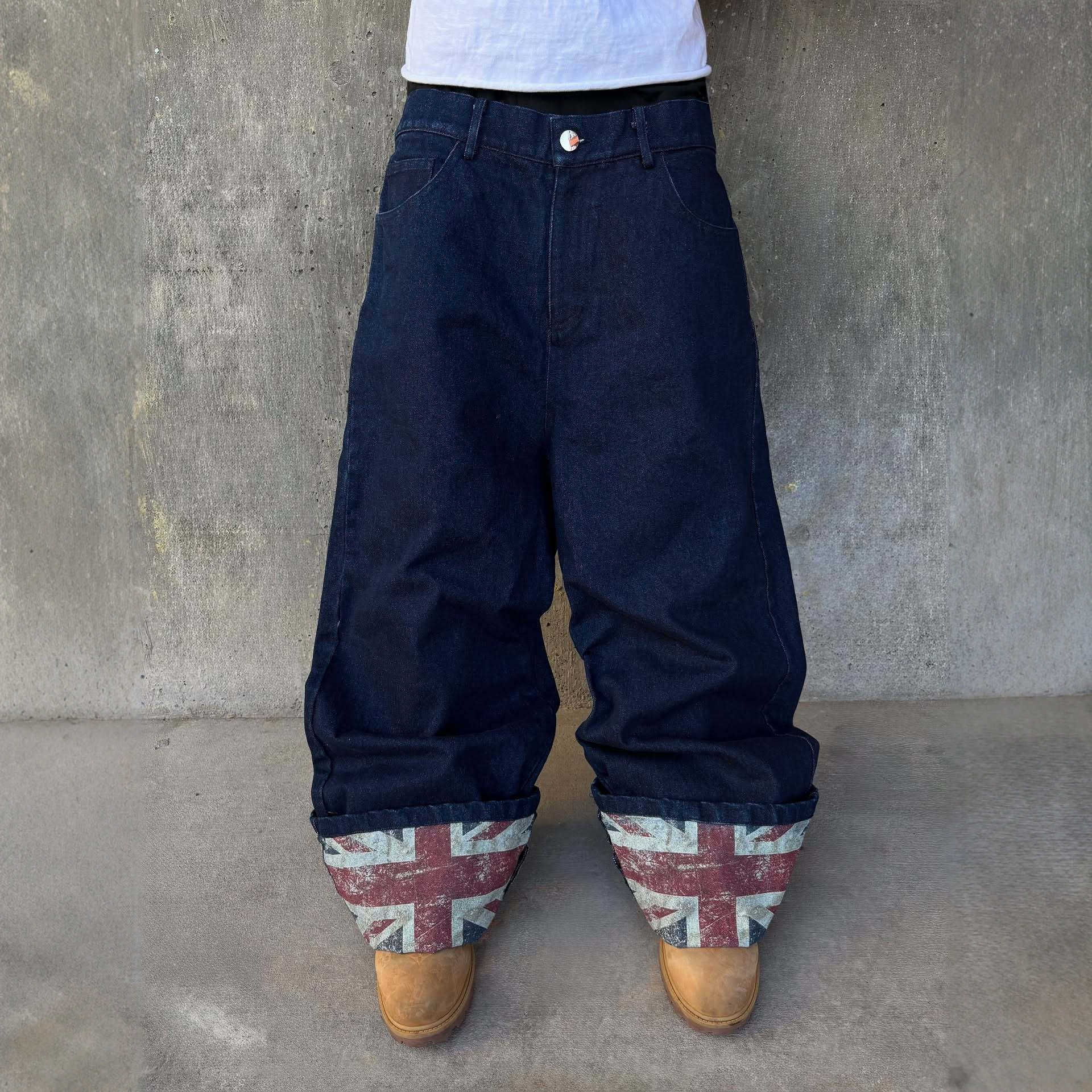 Men Jeans The Men's Y2k High Street Loose And Versatile Design Straight Leg Floor Length With Flanged Prints trousers Are Trendy Denim Pants