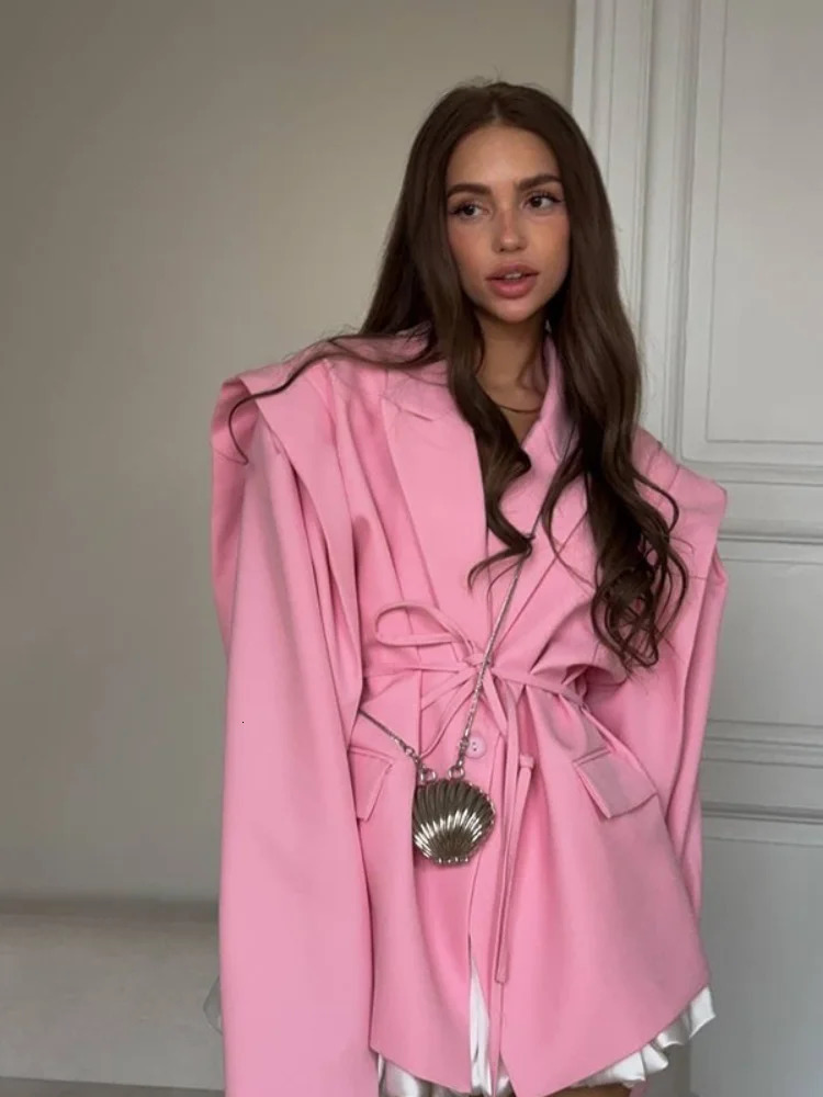 Street Lace Up Womens Blazer Yellow Long Sleeve Lapel Single Button Suit Jacket Spring Summer Lady Loose Casual Outwear 260602BJ