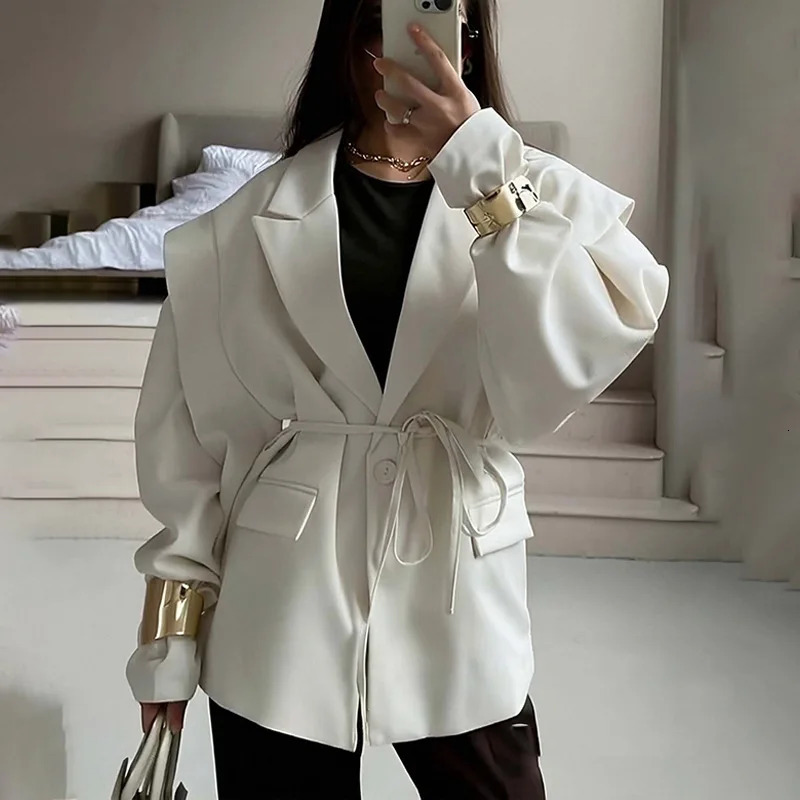 Zekye Womens Blazer with High-End Style Spring Autumn European Elegant Commuter Look with Waist-Tie Belt Padded Shoulders 260602BJ