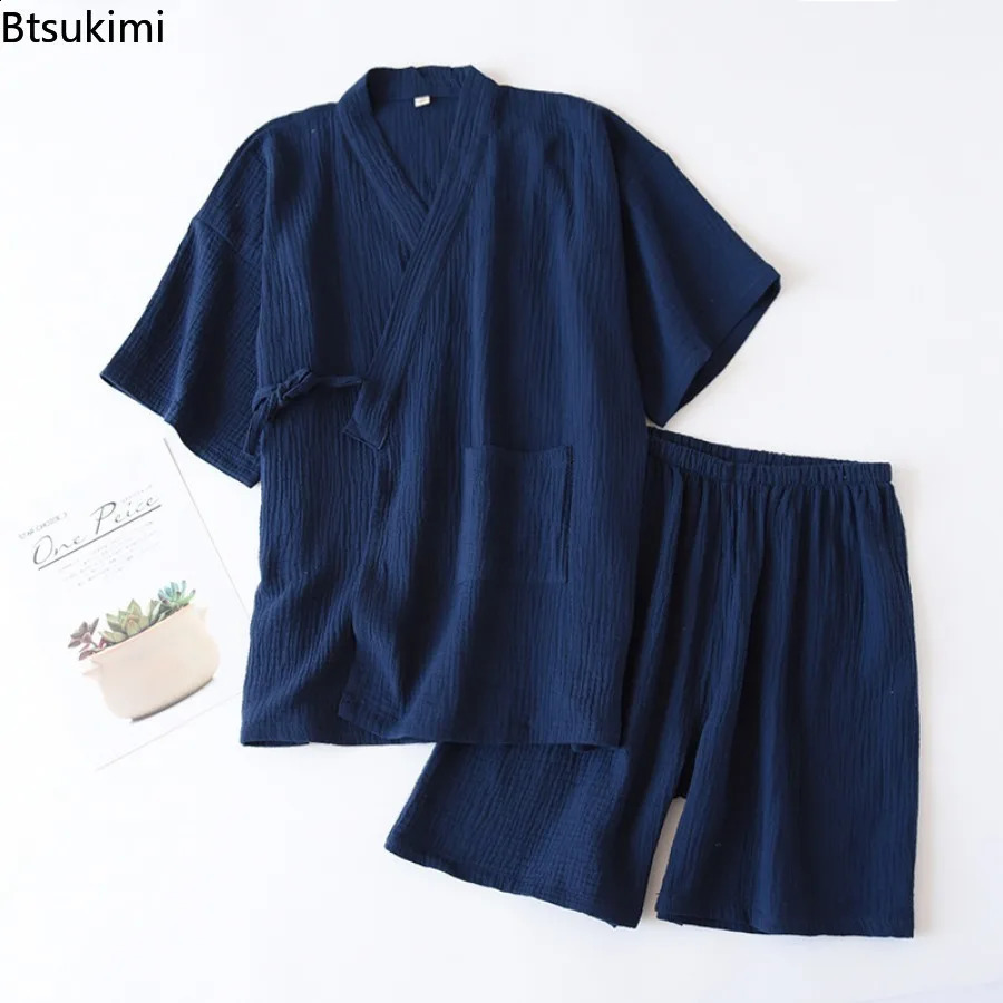 Mens Summer Cotton Pajama Sets Short Sleeved Shorts Pyjamas Men V-Neck Kimono Pijamas Thin Sleepwear 2 Piece Set Home Clothes 260602BJ