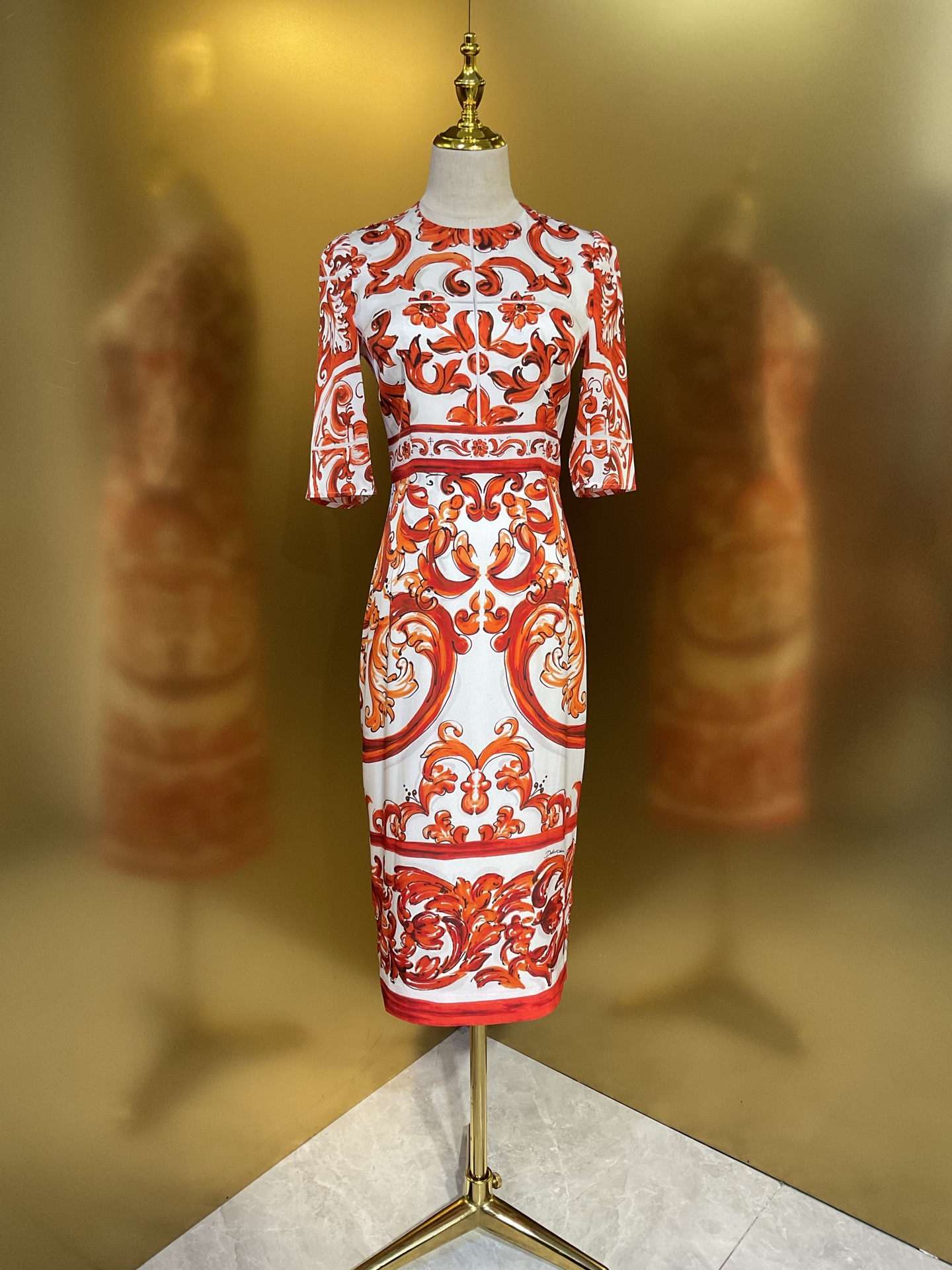 dress designer dress spring dress for woman silk orange floral printed tight fitting crew neck half sleeves midi dress summer dress vestidos elegant
