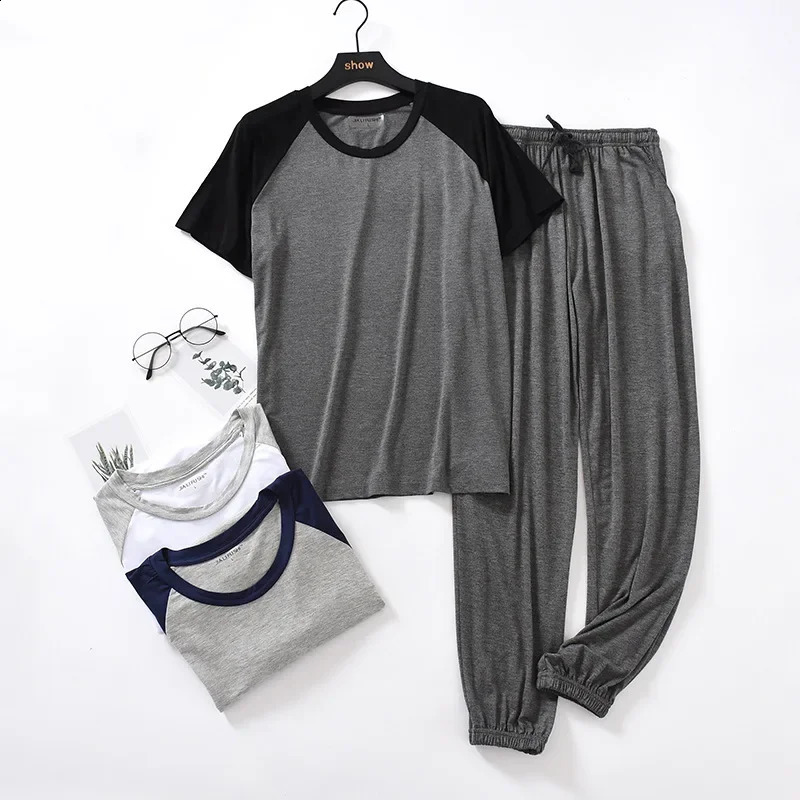 Japanese spring and summer mens pajamas suit modal short-sleeved trousers thin stitching plus fat large size loose home service 260602BJ