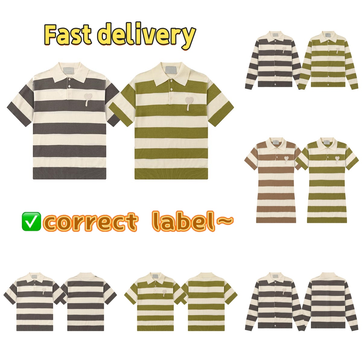 Designer AMl shirt men Three dimensional heart embroidery LOGO T shirt knitted multi color striped knitted loose short sleeved sweater Cotton polo d