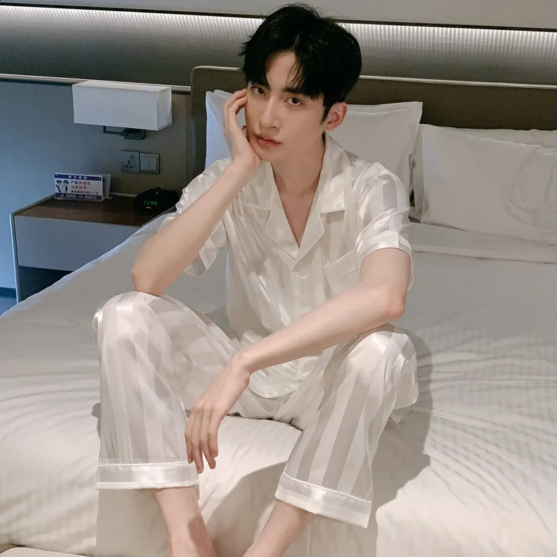 White Striped Men Pajamas Suit Short Sleeved Long Pants Thin Ice Silk Sleepwear Summer Satin Silk Home Clothing Set Pyjamas Male 260602BJ