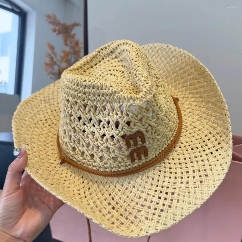 Cowboy BEACH funny Hats Straw Wide Crochet Brim Hat Designer Letter Badge Luxury Y2K Sun Protection Beach Woven Drawstring Summer Caps Womens