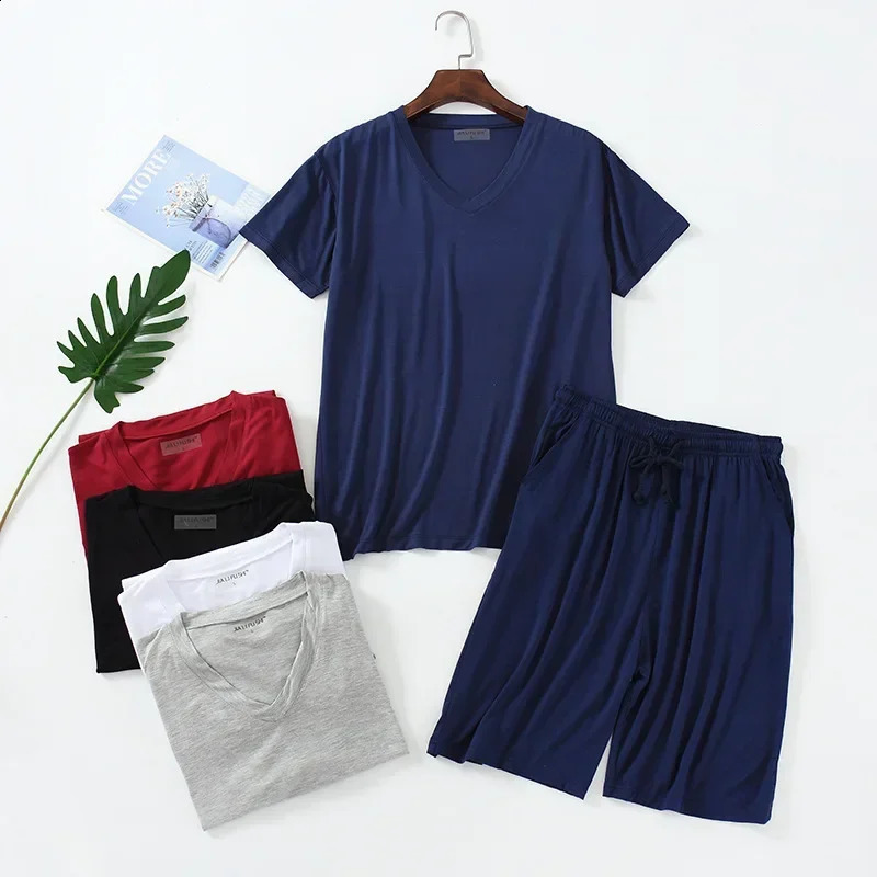 Summer Pijamas for Mens Modal Plus Size 4xl Short Sleeve Shorts Thin V-neck Pullover Tops Loose Mens Shorts Pajamas Set 260602BJ