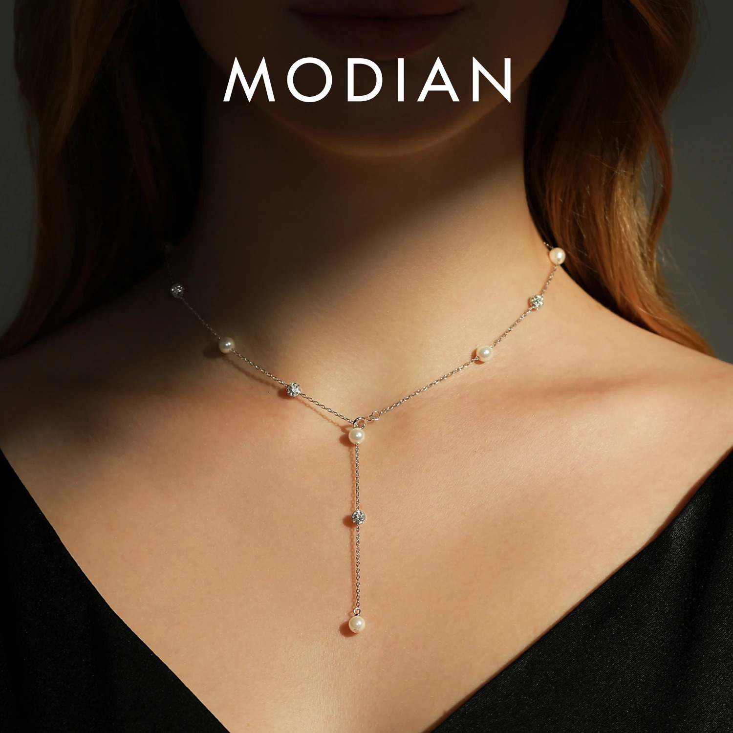 MODIAN 925 Sterling Silver Shambhala Sparkling Zirconia Ball Chain y Shiny Y Shape Necklace For Women Fine Choker Jewelry 260602BJ