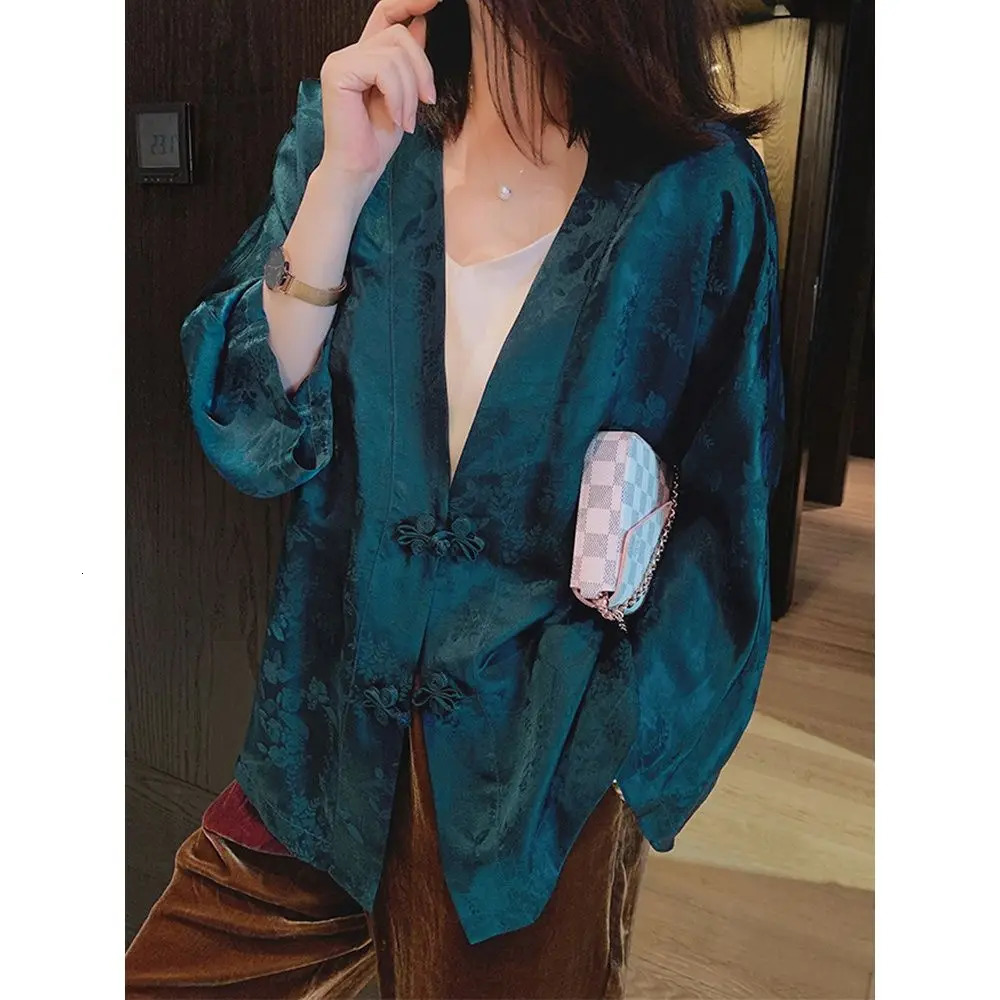 2026 chinese style elegant v neck traditional tang suits blouse women vintage floral lady jacquard hanfu green blouse top 260602BJ