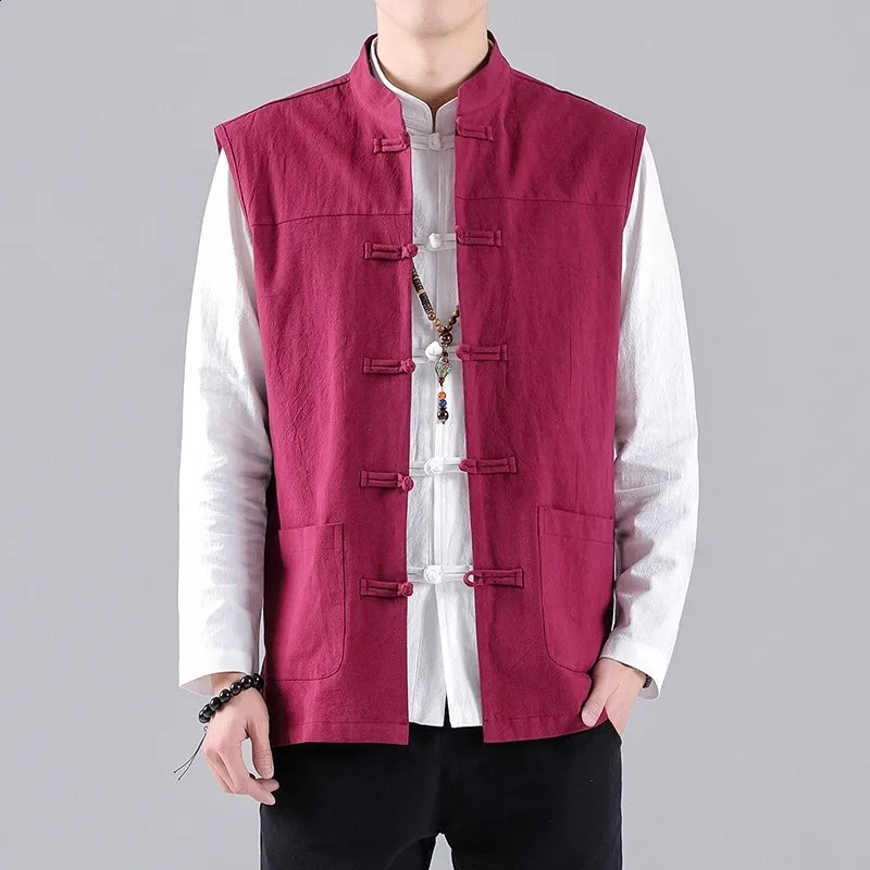 Summer Autumn Men Chinese Style Vests Vintage Linen Vests Mens Sleeveless Hanfu Cardigan Male Harajuku Open Stitch Waistcoat 260602BJ