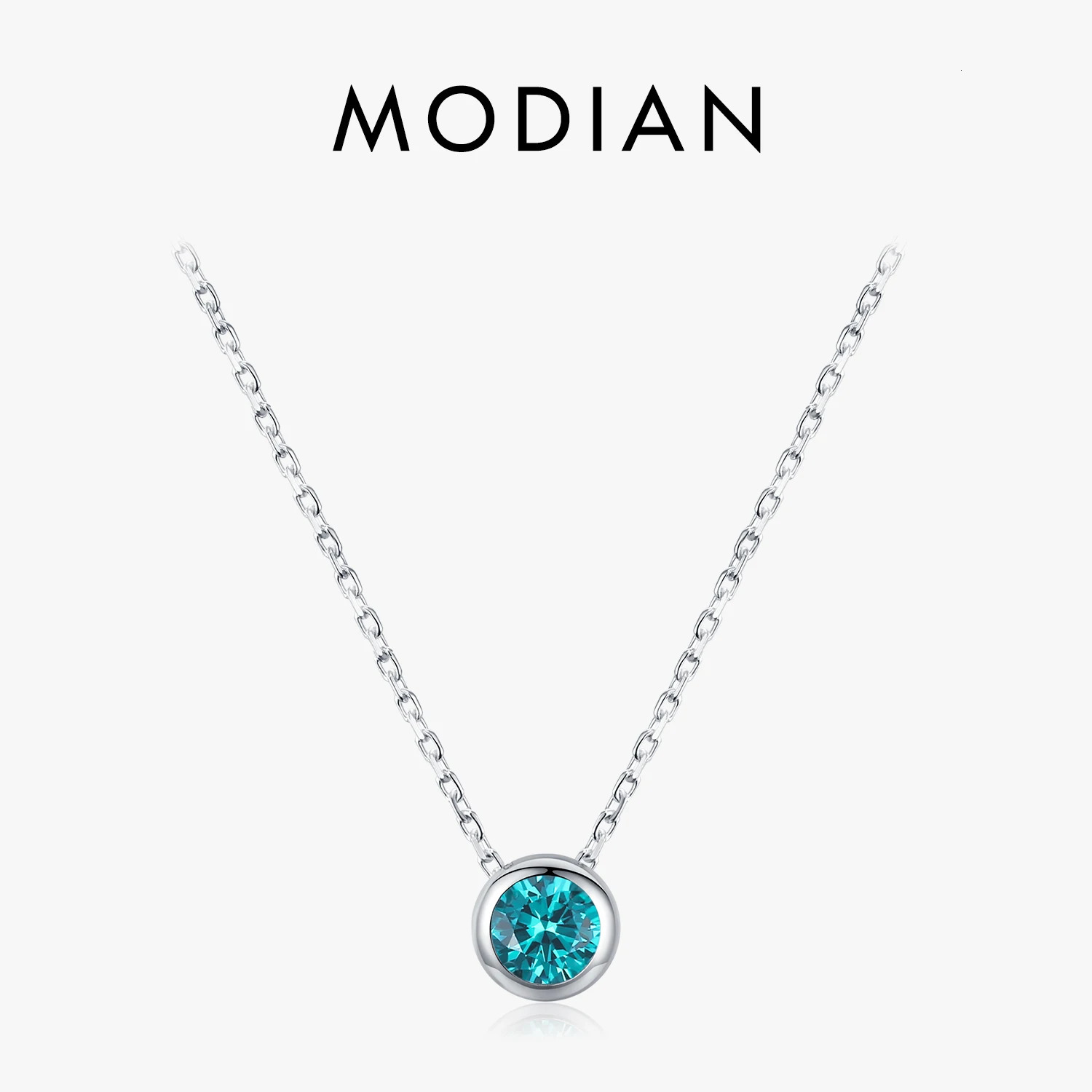 MODIAN 925 Sterling Silver Teal Round Zirconia Pendant Necklace White Gold Plated Neck Link Chain For Women Party Jewelry Gift 260602BJ