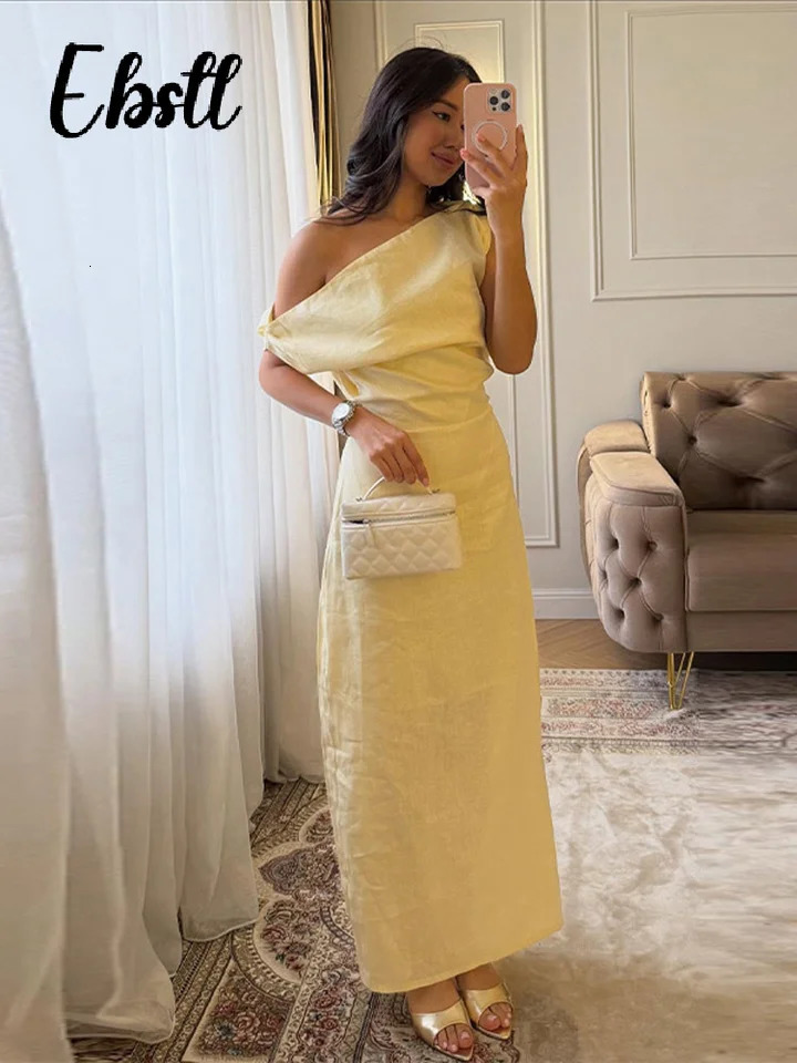 Solid One Shoulder Skew Collar Dress Womens Elegant Waist-cinching Sleeveless Split Long Dresses 2026 Summer Party Gowns 260602bj