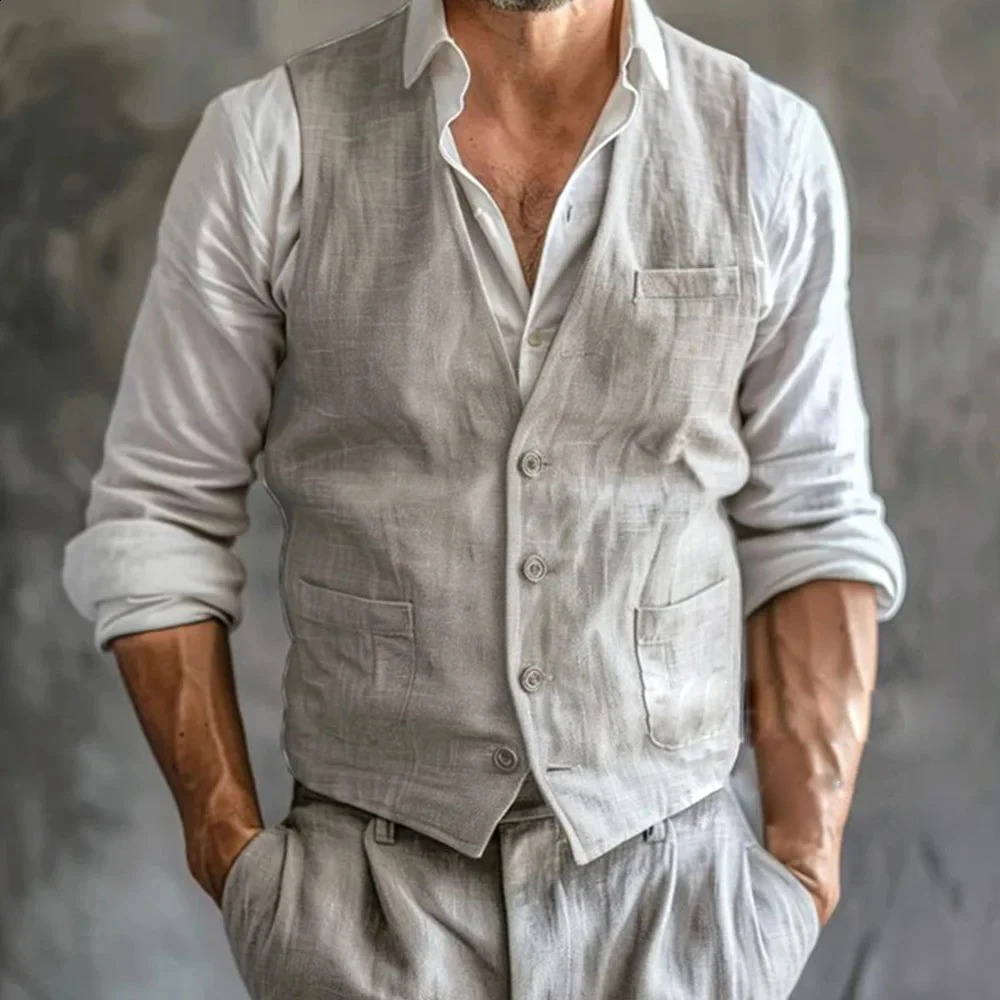 Mens Linen Vest Summer Male Gilet High-Quality Gray Cool Breathable With Pockets Formal Mens Waistcoat Sleeveless Man Work 260602BJ