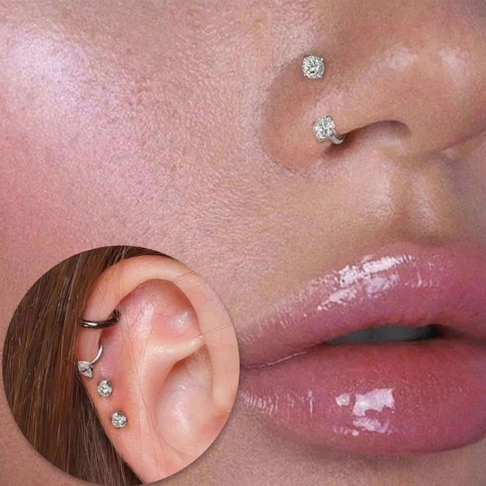 62pcs Horseshoe Nose Rings With L-Shape Nose Stud Stainless Steel Rianbow CZ Nose Ring Lip Eyebrow Helix Ear Piercing 260602BJ