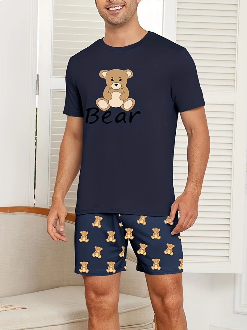 Letters Bear Print Pajama Set Short-Sleeve Top And Loose Shorts Breathable Fabric Large Size Fit Mens Loungewear Sleepwear Pjs 260602BJ