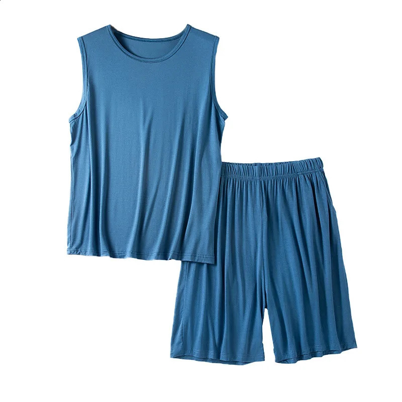 Mens Modal Sleeveless Tank Tops with Shorts 2 Pcs Pajamas Set for Summer Loose Large Size Home Men Sleepwear Set 260602BJ