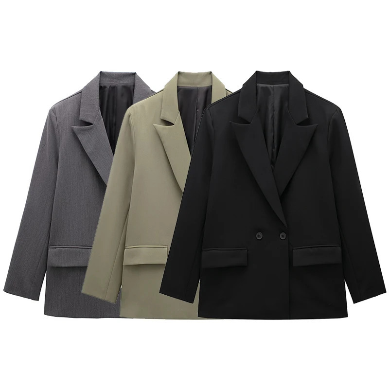 Willshela Women Fashion With Pockets Solid Double Breasted Blazer Vintage Long Sleeves Notched Neck Female Office Lady Outfits 260602BJ
