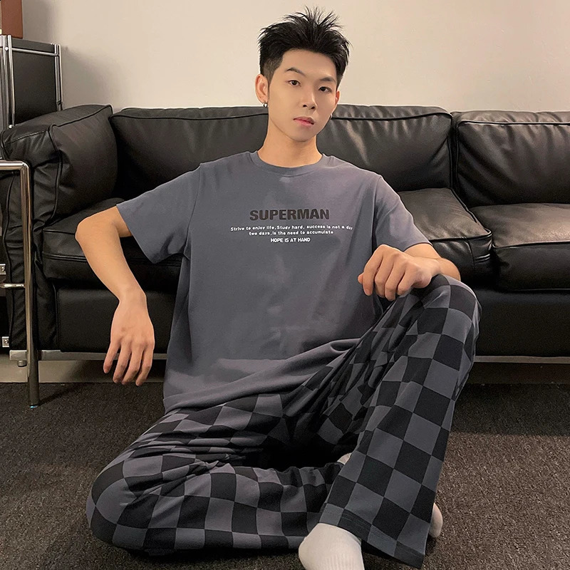 Summer Mens Cotton Pajama Set Short Sleeve Long Pant L-3XL Loose-fit Casual Homewear Young Boy Home Clothing Hombre Pijamas 260602BJ