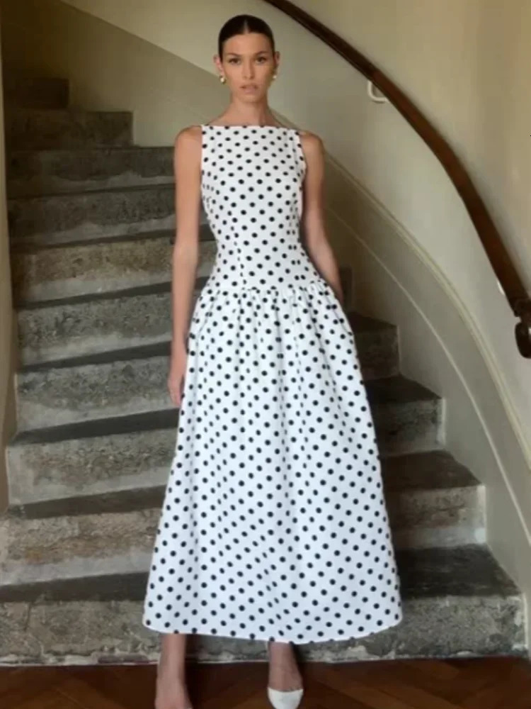 Elegant Solid Polka Dot Pleated Slim Vestido Women Chic Sleeveless Off Shoulder Round Neck Maxi Dresses Summer Dinner Party Wear 260602BJ