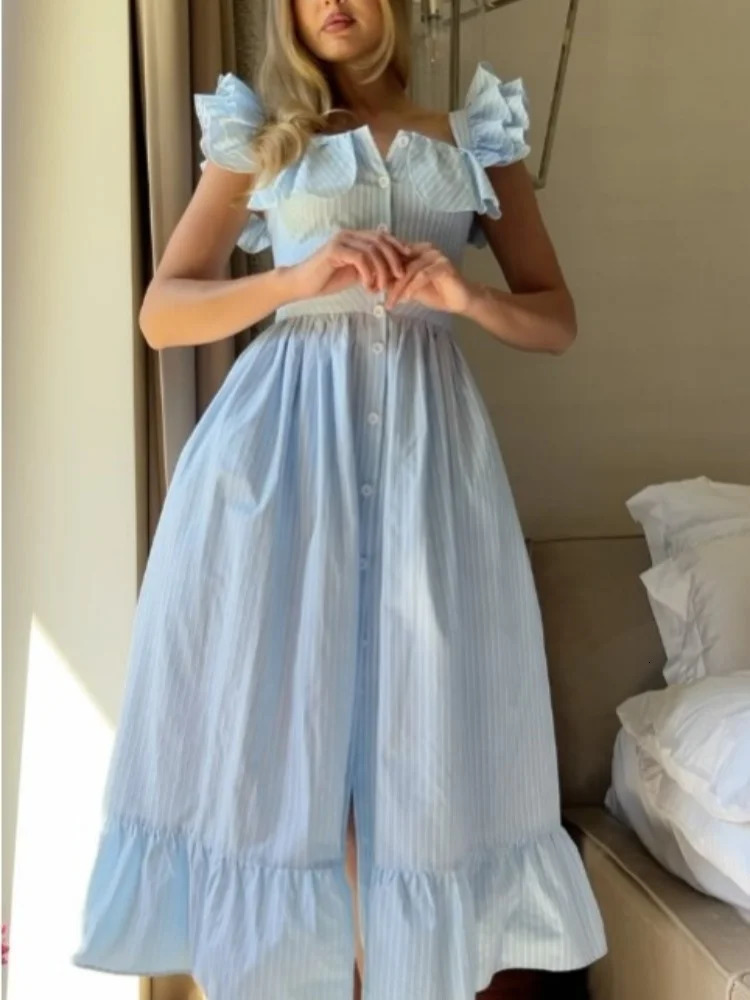 Fashionable Striped Ruffle Pleated Womens Dress Elegant Solid Square Neck Single Button Dresses Female Summer Chic Casual 260602BJ