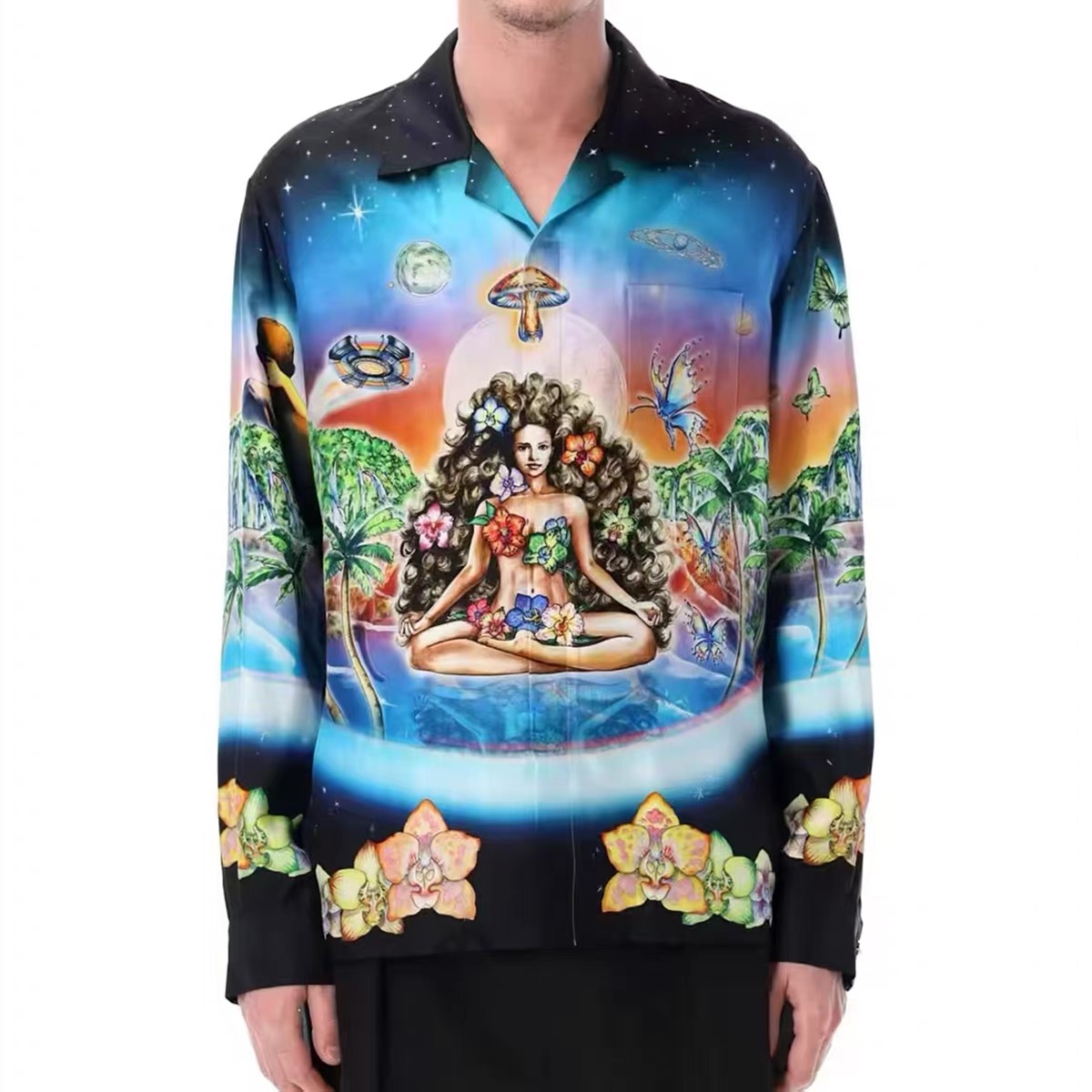 High Quality Casabalnc Men's Designer Fashion Loose Silk Long Sleeve Shirts 2026 Summer Trendy New Breathable Pattern Printed Hawaiian Silk-image-935974990