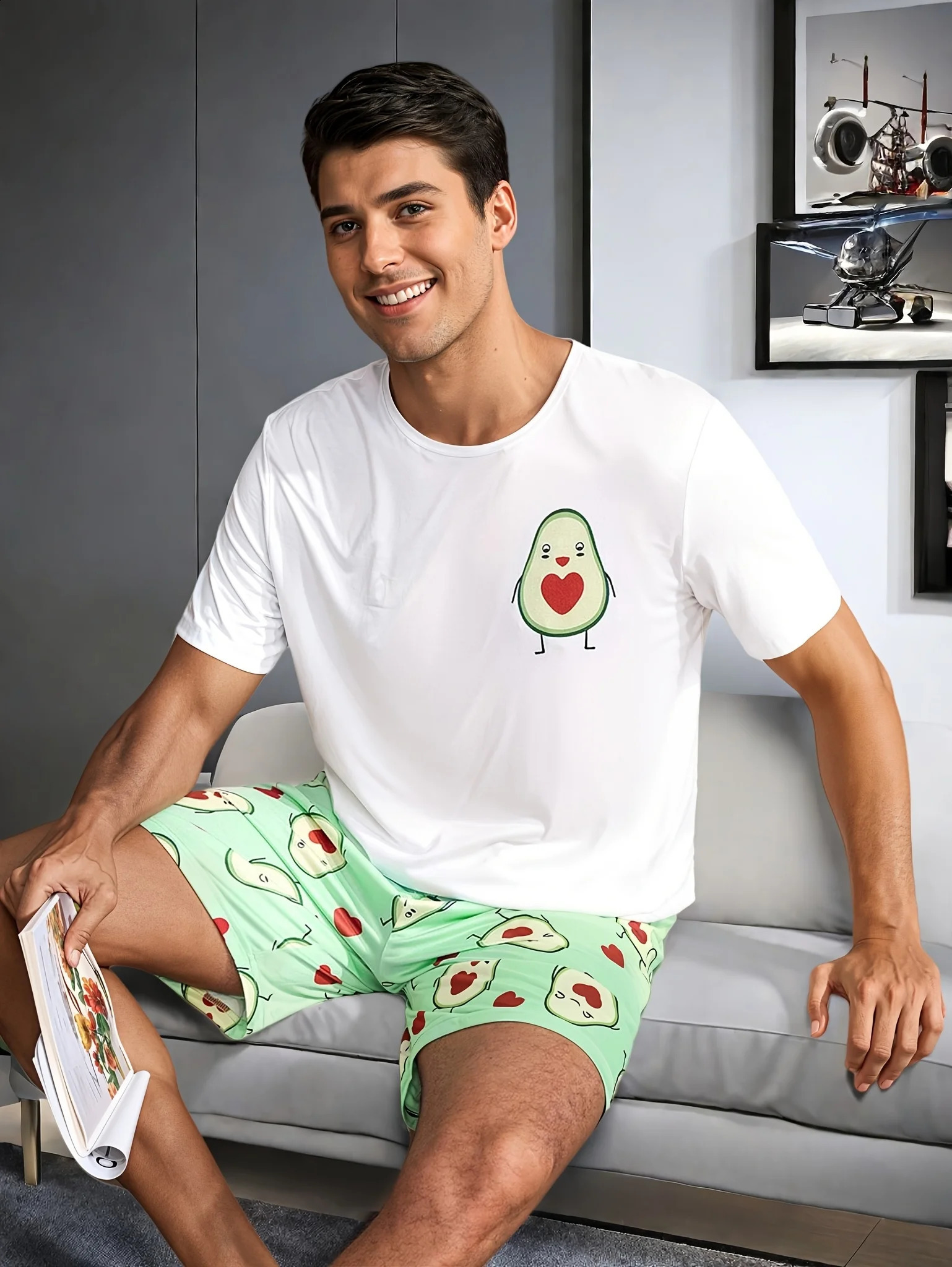 Mens casual pajama set avocado printed T-shirt and shorts comfortable summer sleepwear 260602BJ