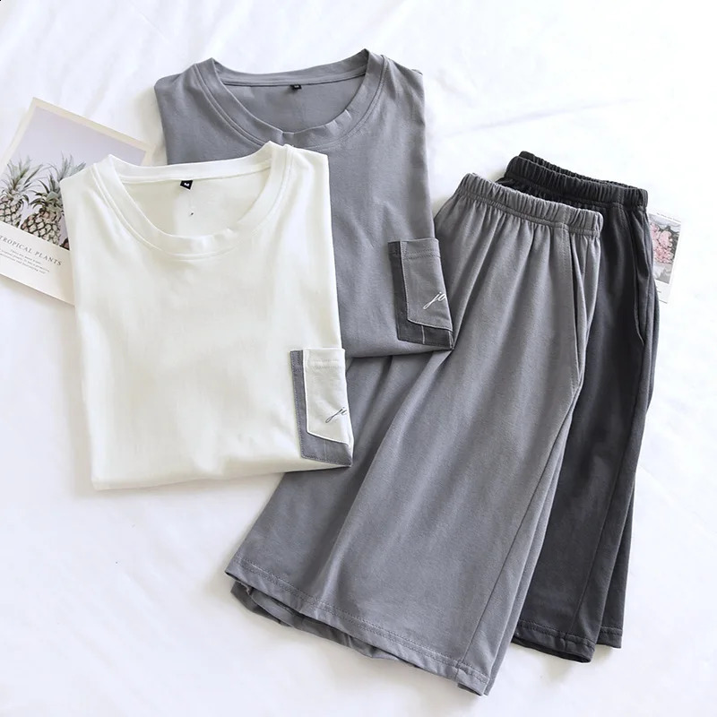 Japanese summer mens pajamas short-sleeved shorts two-piece set 100 cotton knitted home clothes thin casual large size set 260602BJ