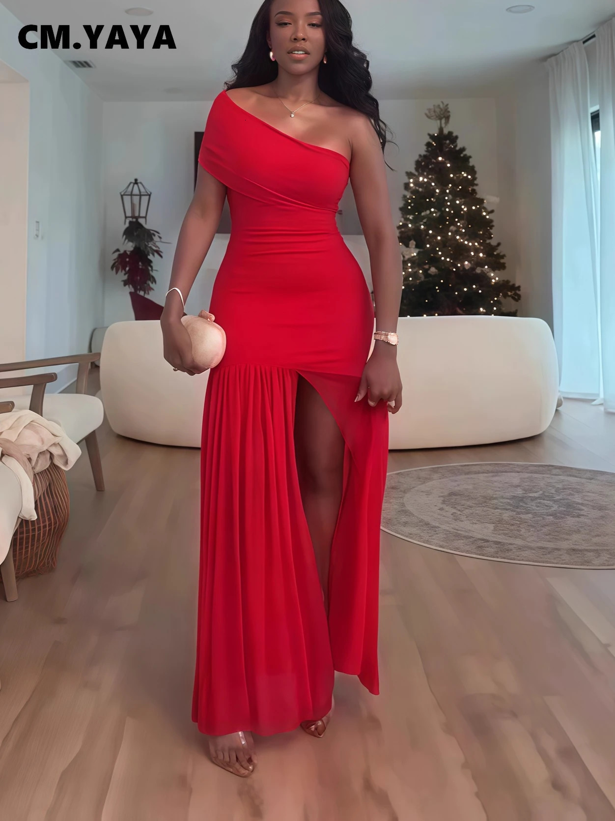 CMYAYA Women One Shoulder Skew Neck High Split Pleated Hem Bodycon Long Maxi Dress Evening Sexy Club Party Dresses Vestido 260602bj