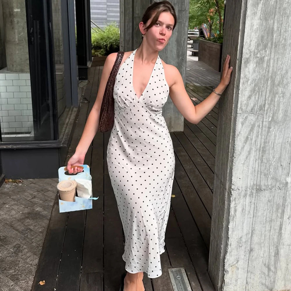 Tuularose Polka Dot Hanging Neck Long Dress Women Elegant Strapless Sexy Lace-up Sleeveless Backless Fashion Club Party Dresses 260602BJ