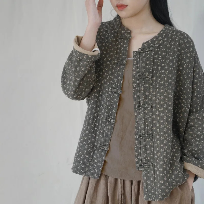 Johnature Women Vintage Spring Jackets Cotton Button Stand Coats Chinese Style Long Sleeve Print Floral Women Jackets 260602BJ