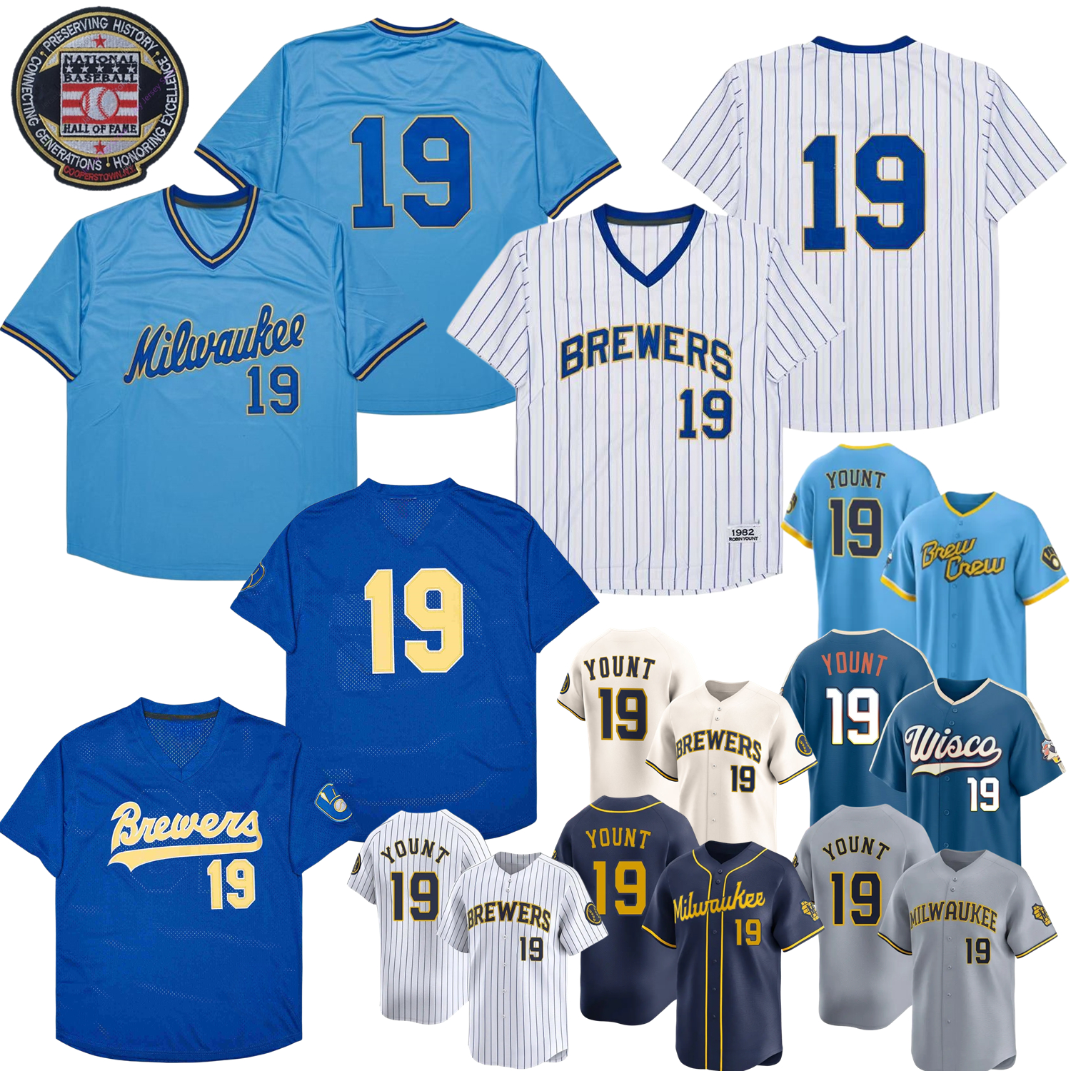 Robin Yount Jersey Vintage Hall Of Fame Patch 1982 White Pinstripe City Blue Mesh BP Cooperstown White Pinstripe Cream Navy Size