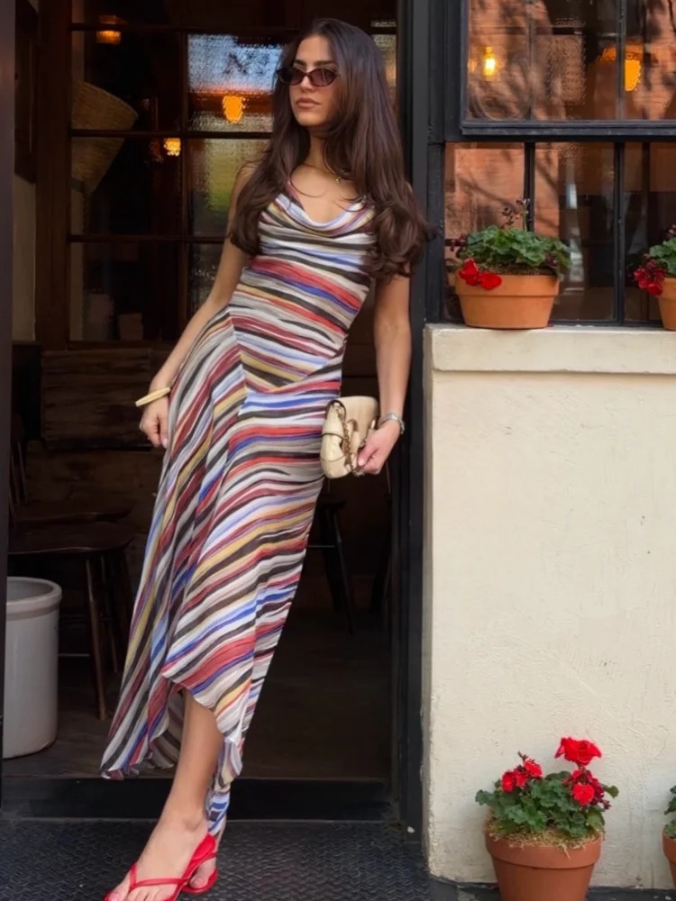Striped Sleeveless Cowl Neck Dress Fitted Ruched Asymmetric Hem 2026 Summer Casual Women Knit Dress Fashion Chic Lady Vestido 260602BJ