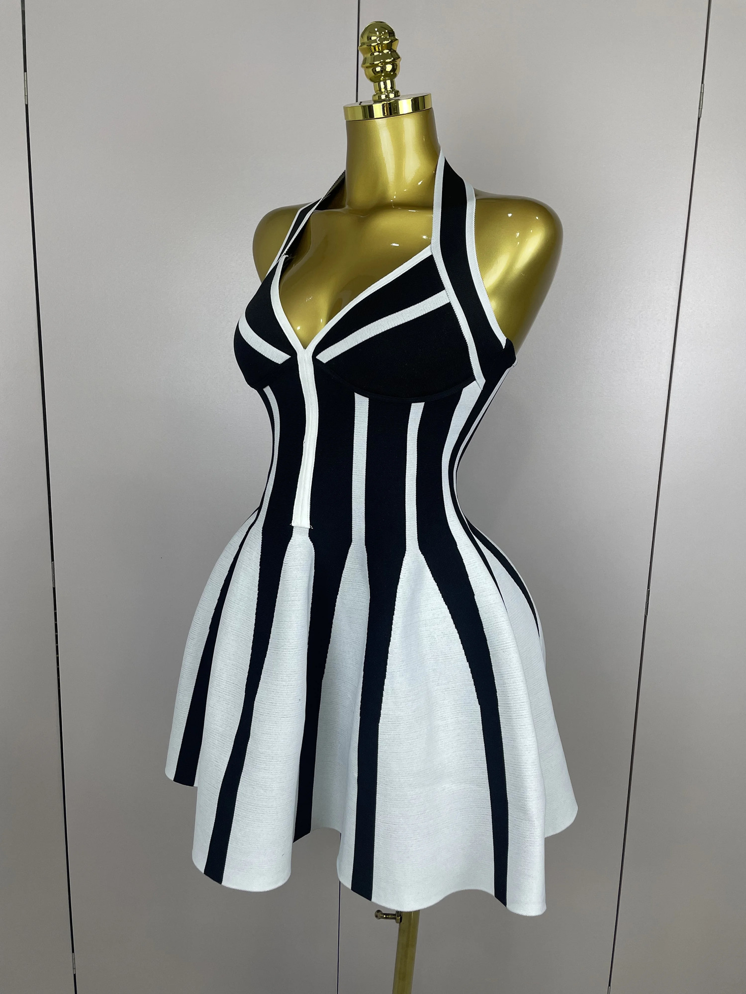 Sexy Backless Black White Stripes Halter Bandage A Line Short Dress Women Celebrity Elegant Evening Party Holiday Club Dress 260602BJ