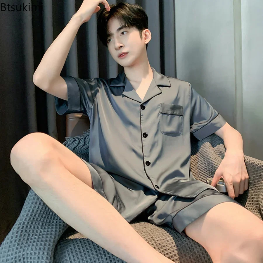 2025 Mens Pajama Sets Silk Satin Pijama Turn-down Collar Sleepwear Short Sleeve Summer Nightwear Male 2 Pieces Sets Homewear 260602BJ
