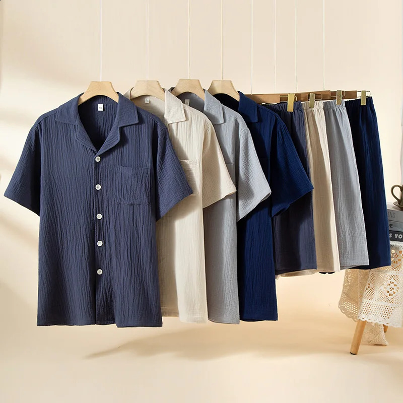 Mens Summer Cotton Short-sleeved Cardigan Tops with Shorts Thin Loungewear Set Solid Color Large Size Pajamas for Men 260602BJ