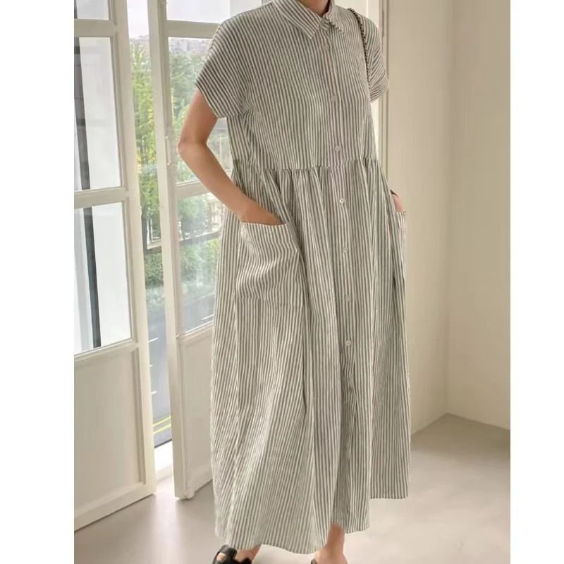 EFT Summer Vintage Striped Single Breasted Womens Shirt Dresses Korean Casual Straight Dress Pockets Female 260602BJ
