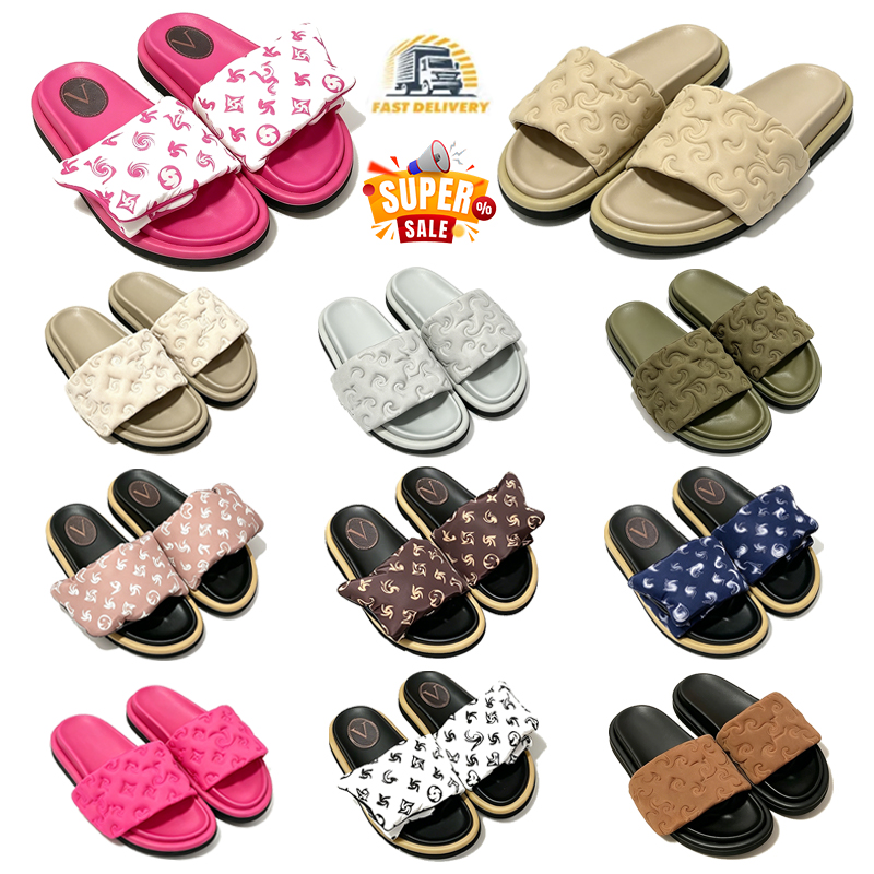 Designer Slippers Summer Cotton Fabric Lightweight Leather Casual Shoes Women'S Men'S Black Frosted Flat Sandals Khaki Deep Blue Beach-image-866615550