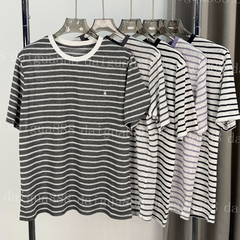 Unisex Striped Crew Neck Short Sleeve T-Shirt, Classic Small Pony Horse Embroidery Casual Soft Cotton Blend Basic Tee Shirts for Men Women 24230-image-1108697928