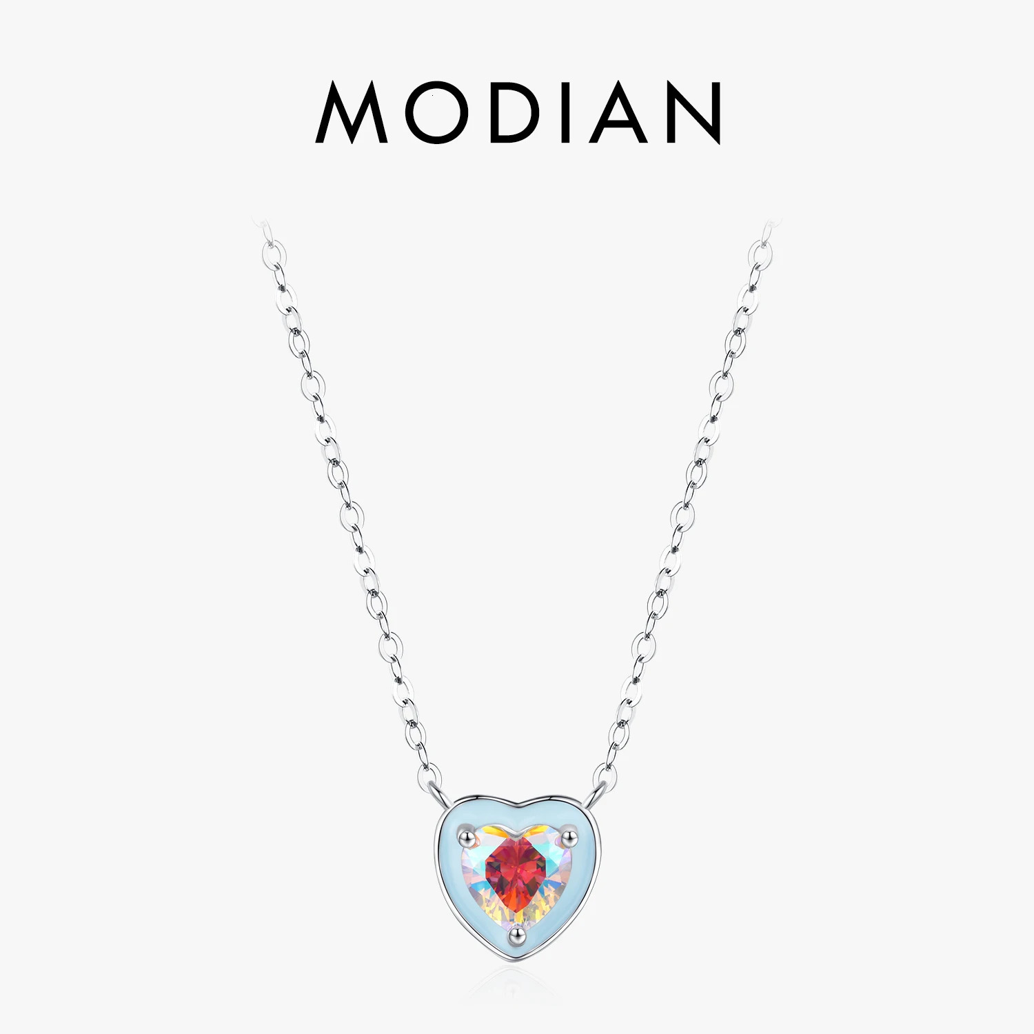 MODIAN Light Blue Enamel Hearts Pendant 925 Sterling Silver Colorful Romantic Heart Chain Necklaces For Women Fine Jewelry Gifts 260602BJ