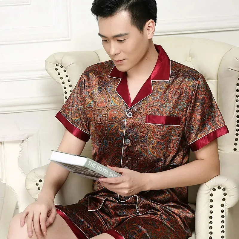 High Quality Fashion Classic Men Pajamas Long Sleeve Short Sleeve Shorts Sleepwear Male Printed Ice Silk Satin Homewear Sets 260602BJ