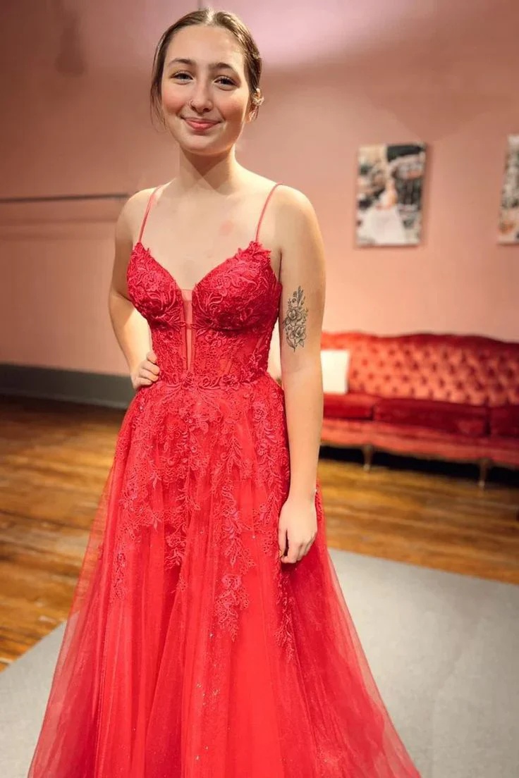 Dentelle rouge appliquée bretelles spaghetti voir à travers la taille à lacets dans le dos une ligne tulle maxi robe de soirée de bal cocktail fo