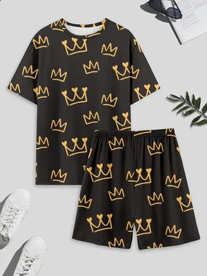 Mens pajama set including crown-printed short sleeve top and shorts comfortable summer sleepwear 260602BJ