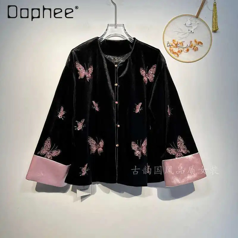 Chinese STYle Velvet Jacket Women Early Spring Heavy Industry Beads Butterfly Embroidery Temperament Jackets 260602BJ