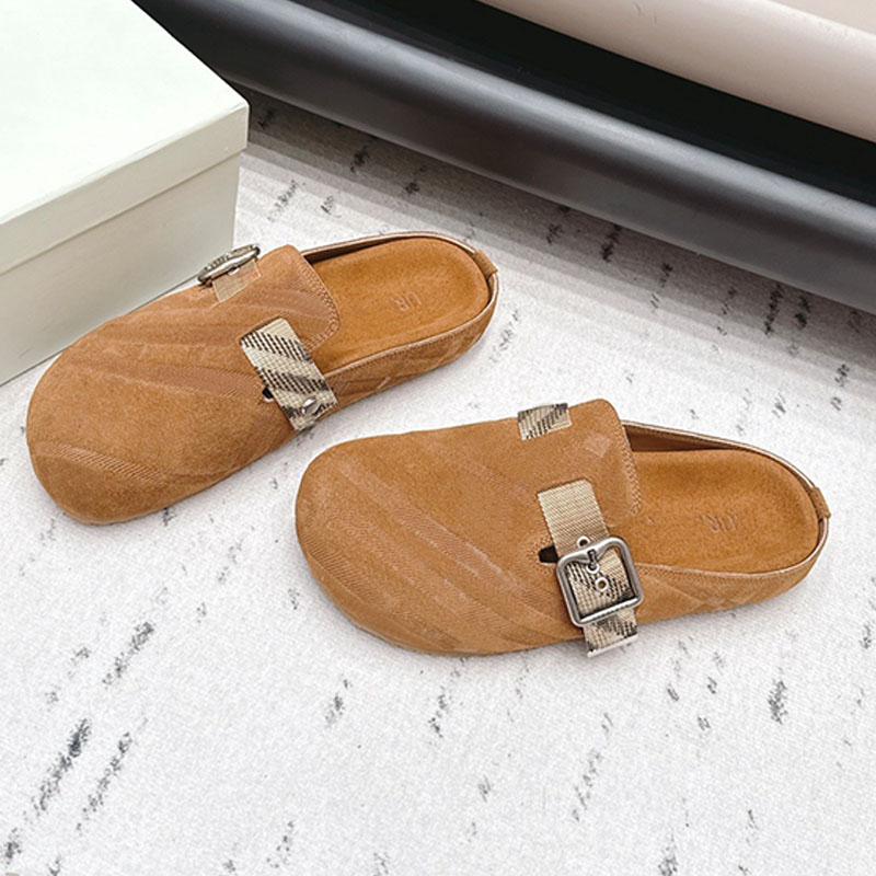 Top Quality Lady Luxury Suede Flat Mule Mens Designer Mens Retro Plaid Check Suede Clogs Round Toe MULES 26ss Street Comfortable Leisure Style Exqui