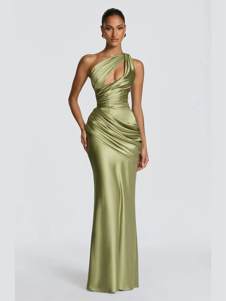 Satin One Shoulder Cutout Long Dress Women Elegant Solid Ruched Mermaid Slim Fit Flowy Vestido 2026 Lady Summer Evening Dresses 260602bj